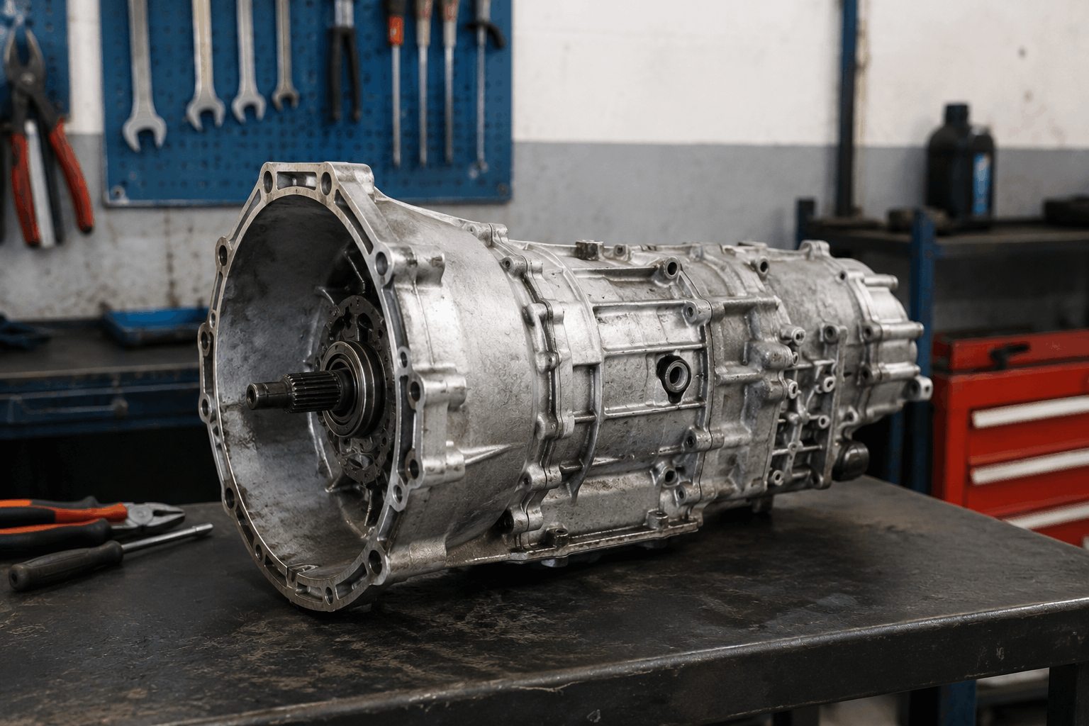 Technician inspecting a manual gearbox to diagnose bearing whine and transmission noise.